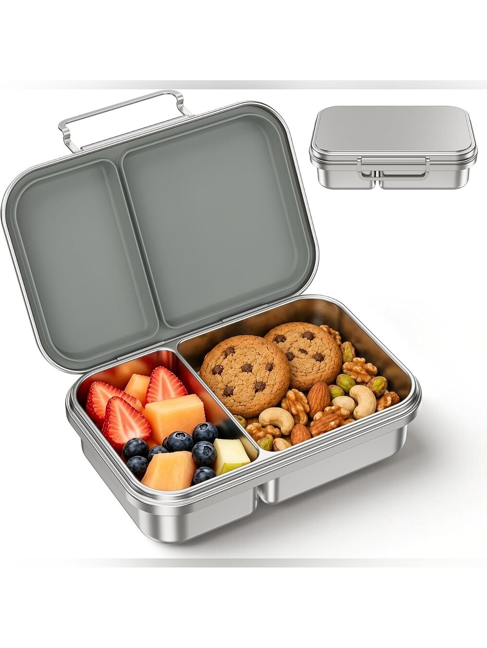 NIB Cmkpl 304 Stainless Steel 2-Compartment Bento Lunch Box for Kids,Gray/Silver